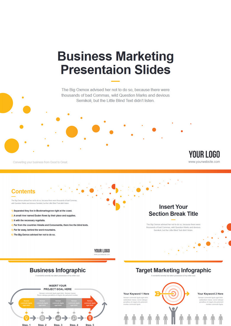 时尚黄橙灰扁平创意圆点商务汇报PPT模板