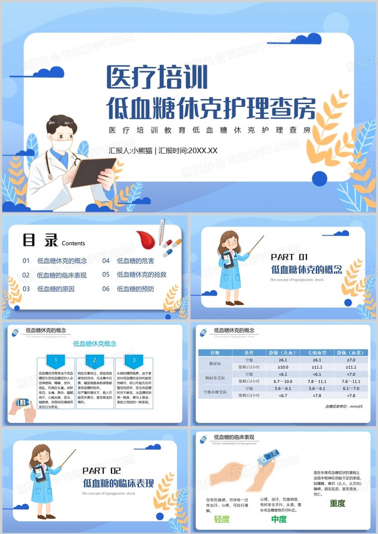 蓝色低血糖休克护理查房医疗培训PPT模板