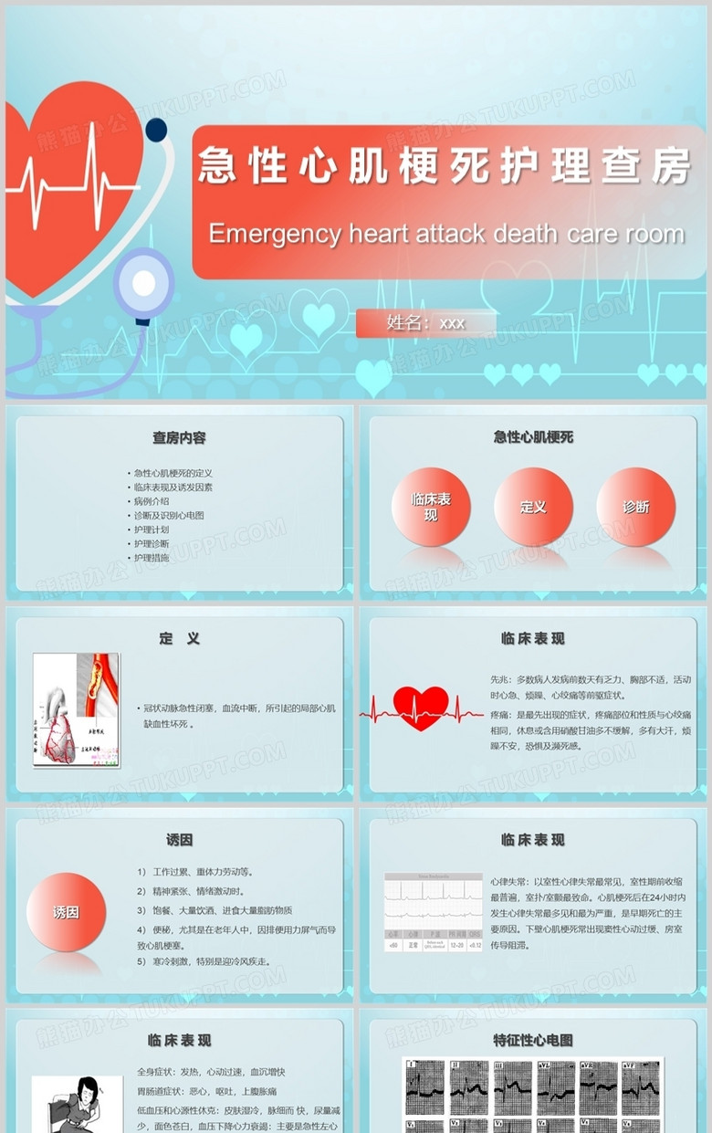 卡通手绘风急性心肌梗死护理查房PPT模板