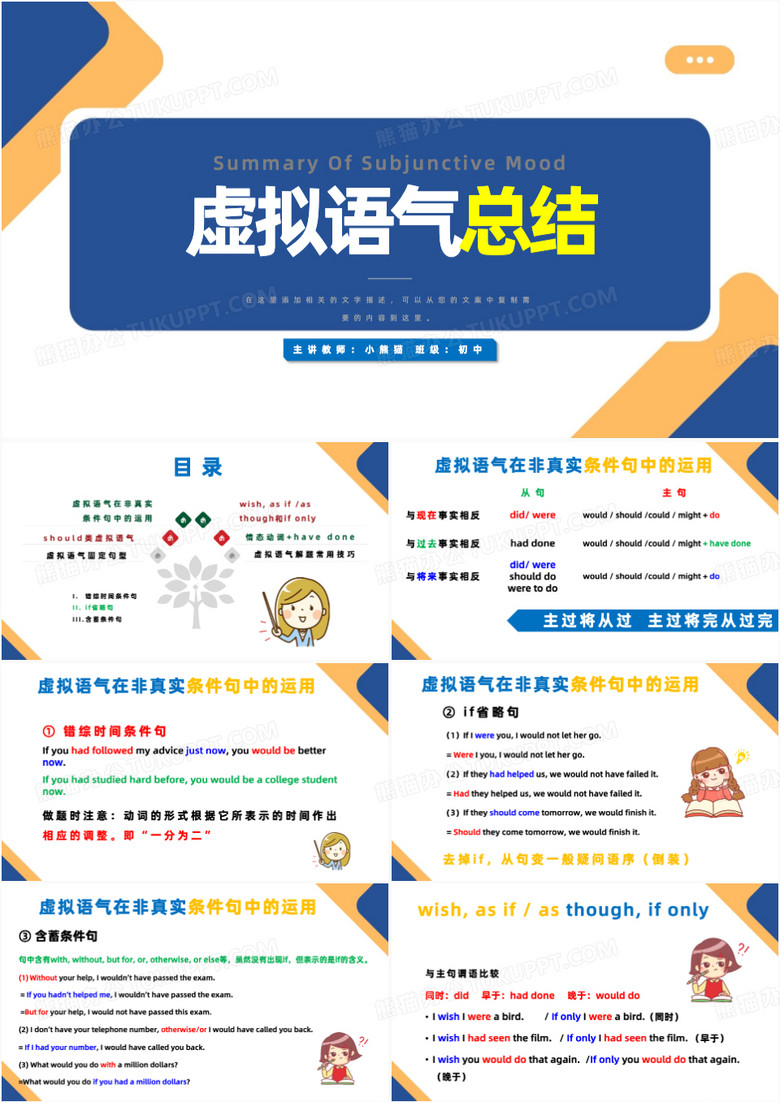 蓝色简约风虚拟语气总结讲课PPT模板