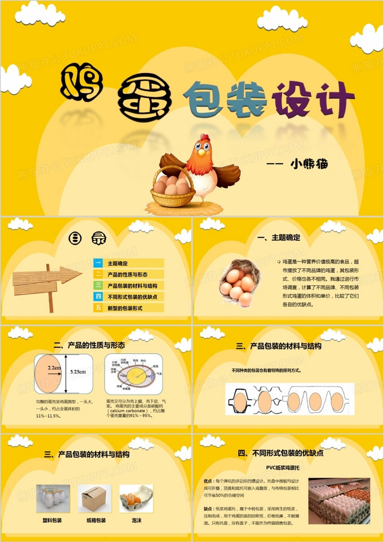 黄色卡通风鸡蛋包装设计PPT模板