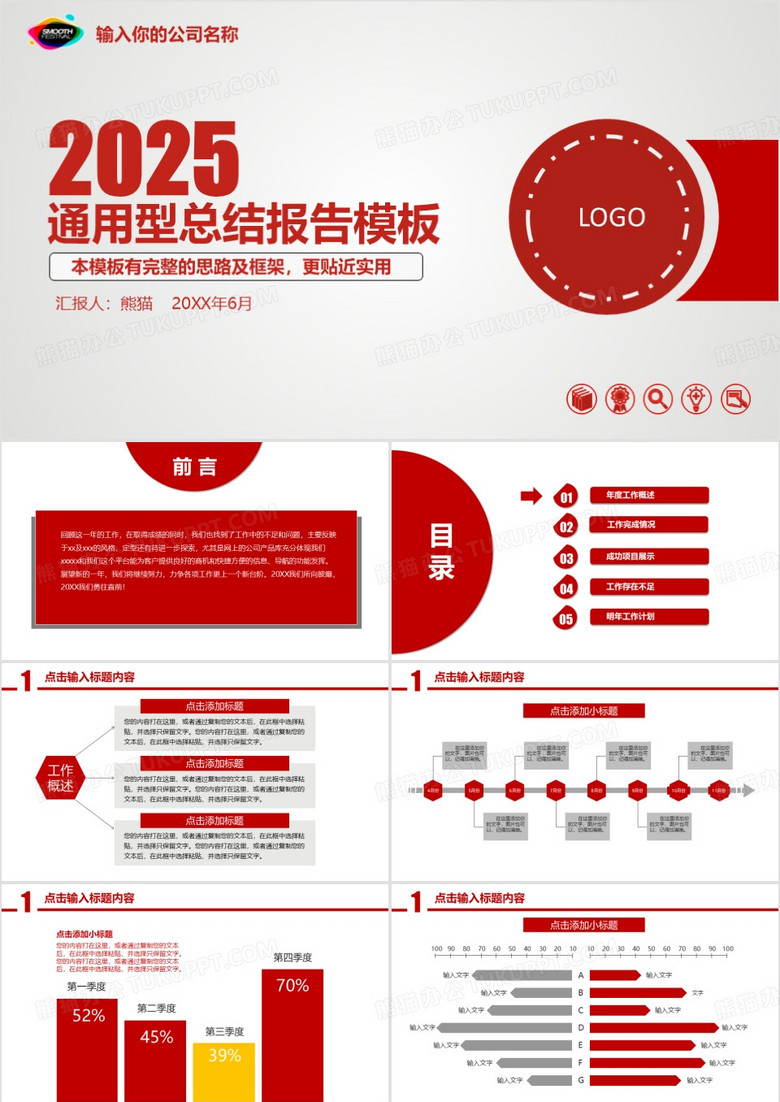 2025年红色通用工作总结汇报ppt模板
