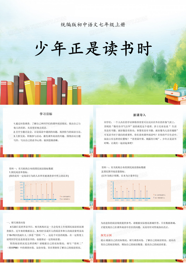 清新卡通风统编版初中语文七年级上册《少年正是读书时》教学PPT课件