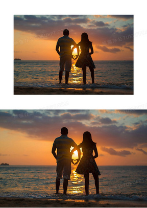 黄昏海边情侣唯美意境图片