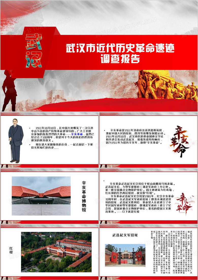 红色简约武汉市近代历史革命遗迹PPT模板