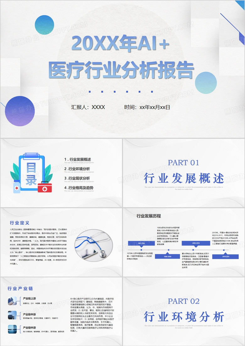 蓝色商务风AI+医疗行业报告PPT模板