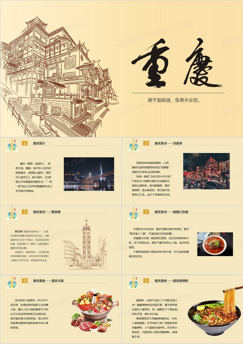 黄色简约重庆风景美食介绍PPT模板