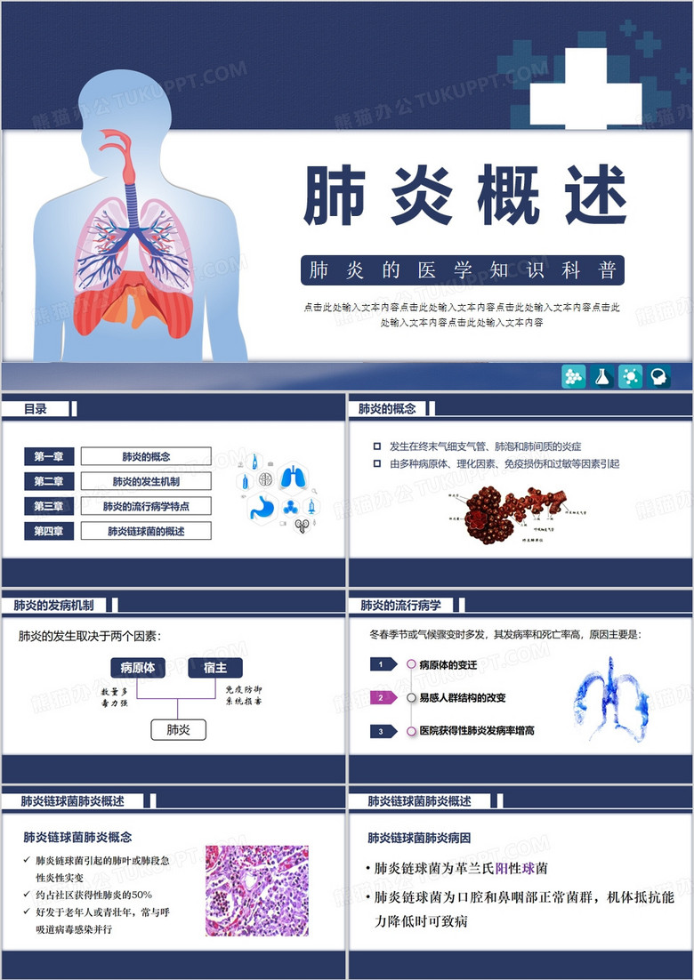 蓝色简约风肺炎链球菌肺炎病人的护理PPT模板