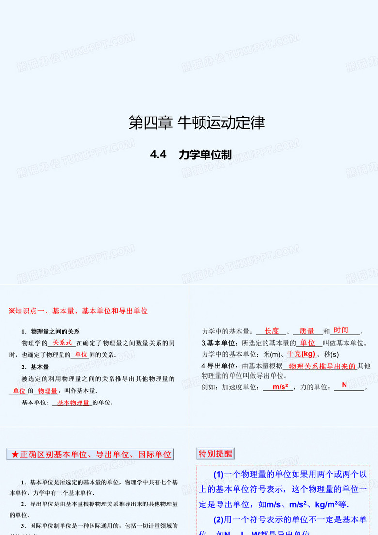 2022-2021学年高一物理同步精品课堂（提升版）（必修1） 专题4.4 力学单位制（课件）