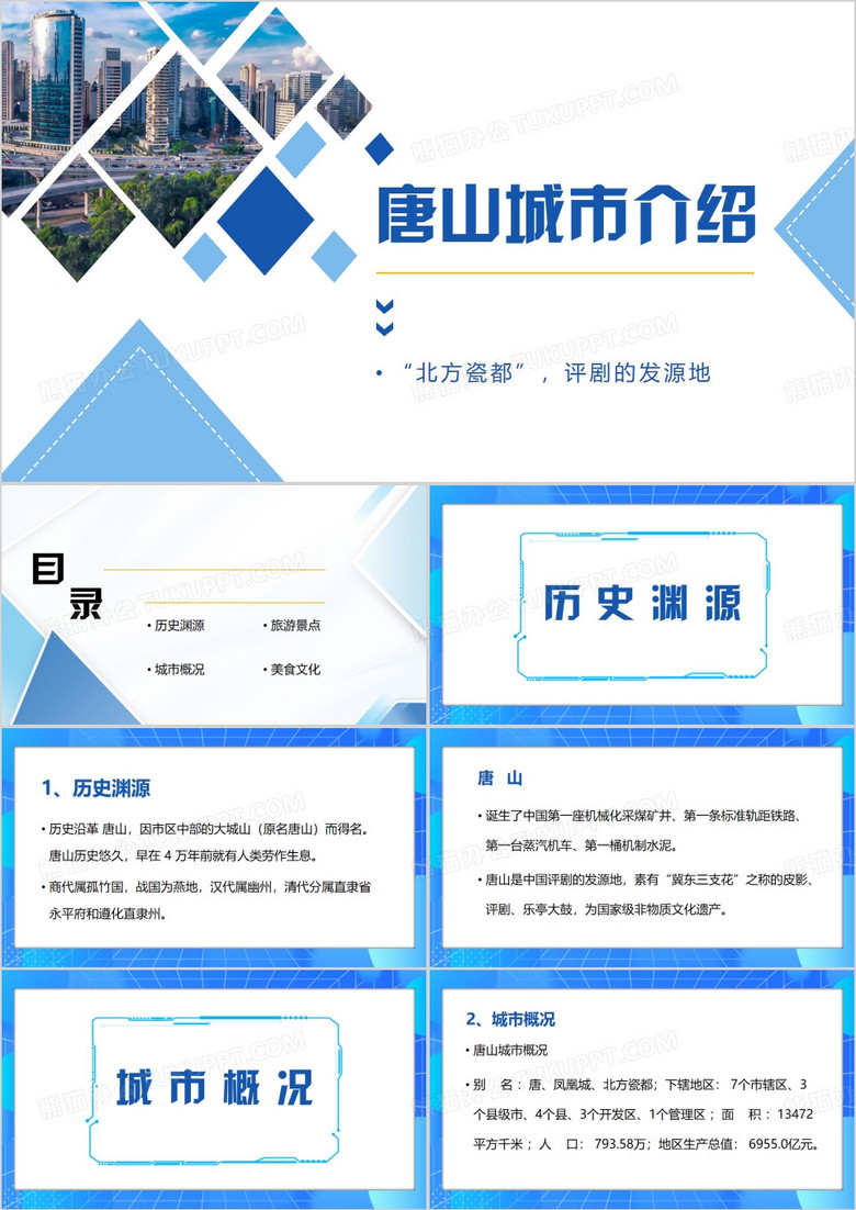 蓝色简约风唐山介绍PPT模板