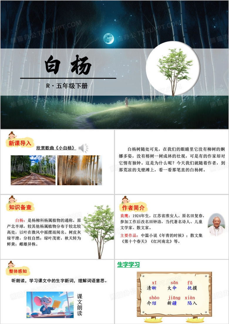 绿色简约风小学五年级下册语文白杨PPT模板