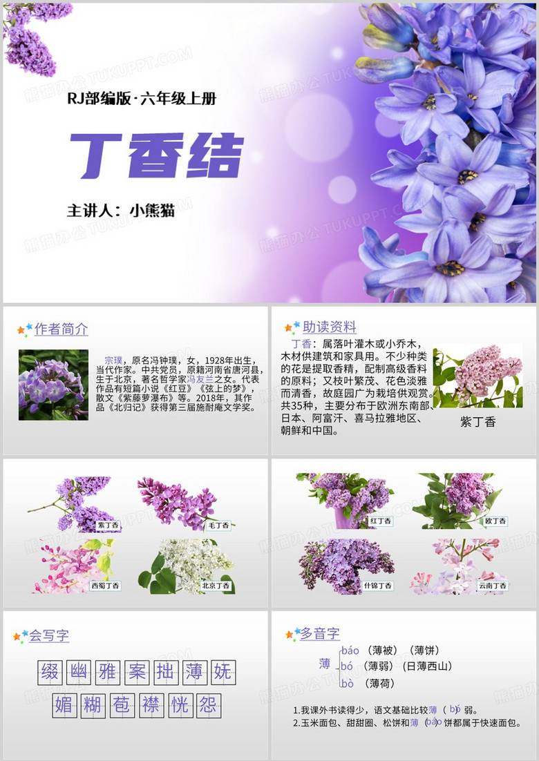 紫色清新风丁香结教育课件PPT模板