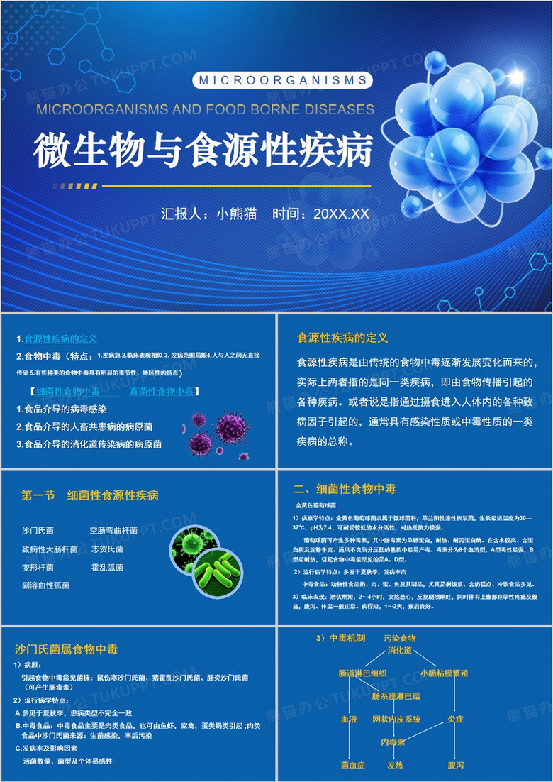 蓝色简约风微生物与食源性疾病PPT模板