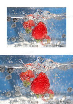 在冒着泡泡水中的草莓摄影高清图片