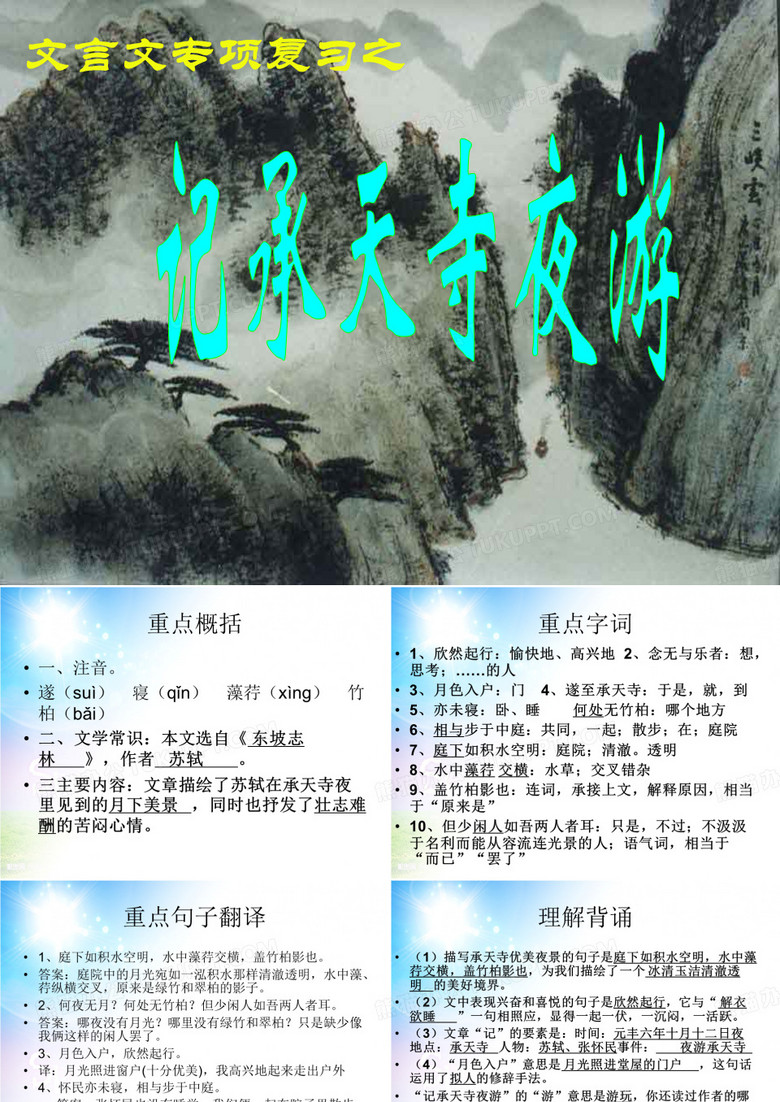 初二下文言文复习之《三峡》《记承天寺夜游《》答谢中书书《观潮》》课件