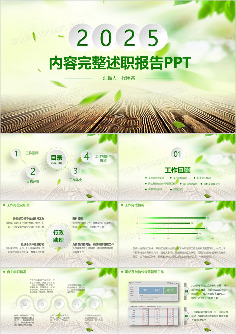 2025绿色清新述职报告PPT模板下载
