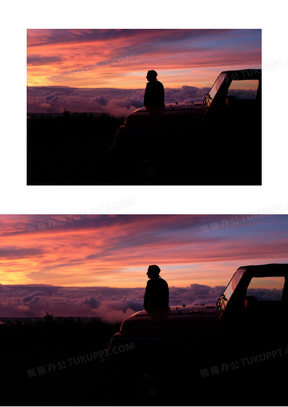 坐车头上看日落的人物剪影高清图片