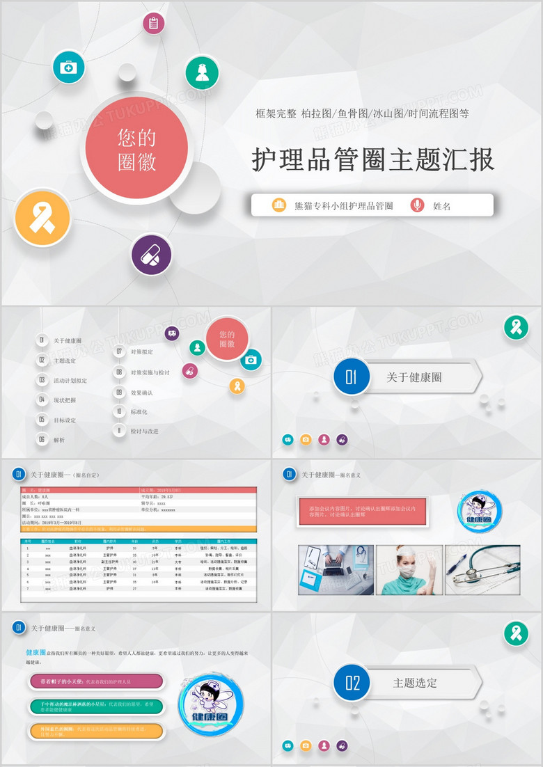 简约淡雅医学护理内容完整护理品管圈成果汇报PPT模板