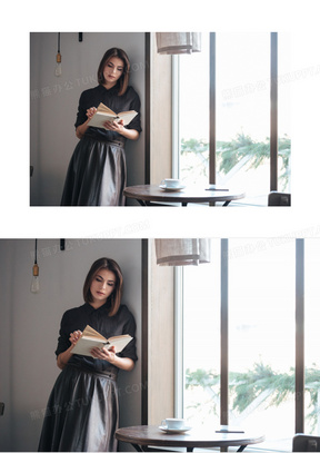 背靠着墙在看书的美女摄影高清图片