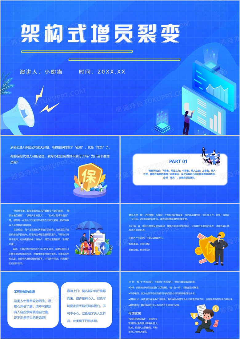 蓝色商务风架构式增员裂变PPT模板