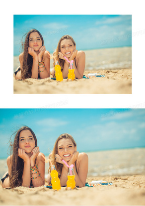 沙滩上的两个泳装美女摄影高清图片