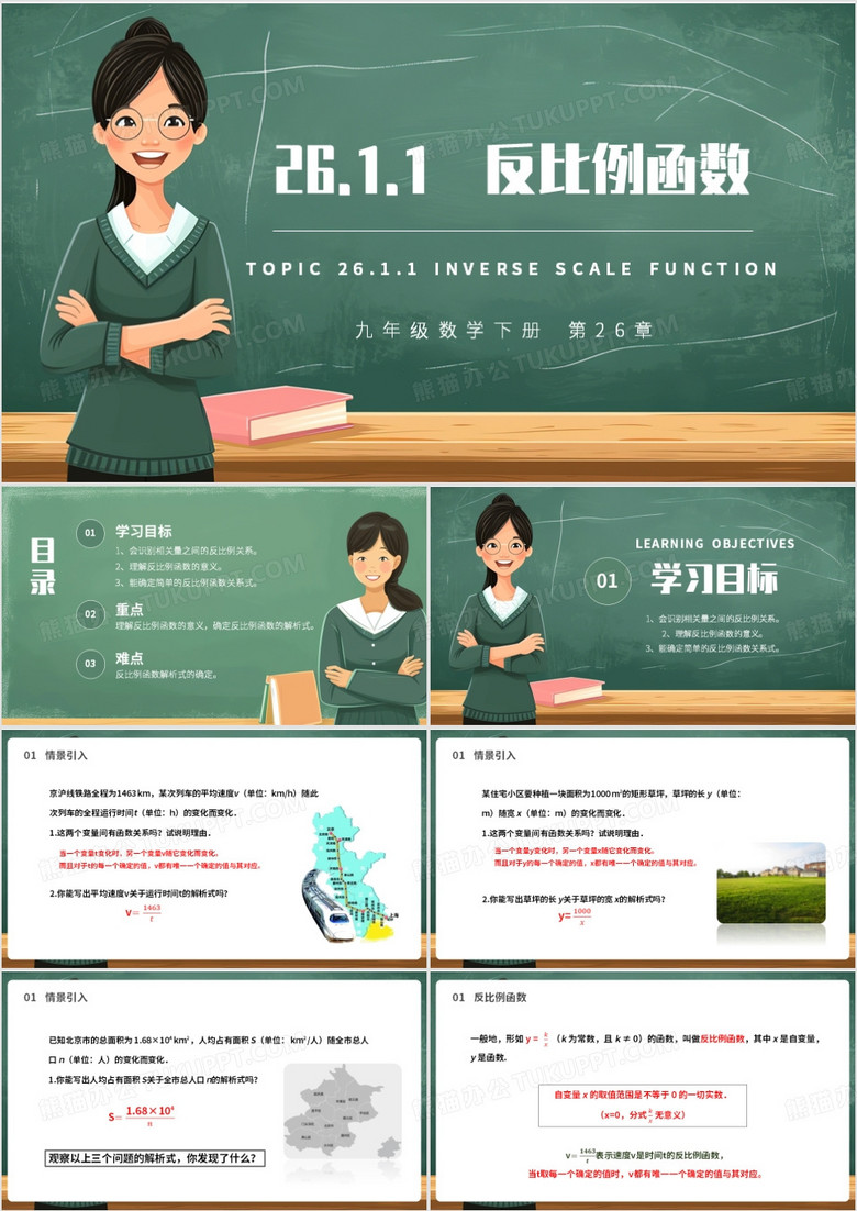 绿色卡通风九年级数学下册反比例函数PPT模板