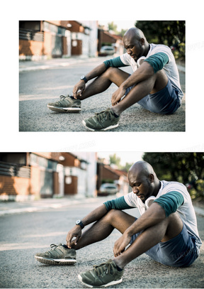 体力不支坐地上休息的男人高清图片