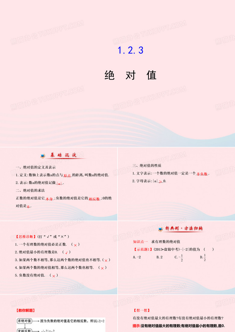 人教版教学课件七年级数学上册第1章有理数1.2数轴相反数与绝对值1.2.3绝对值