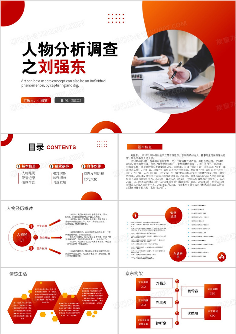 红色简约风人物分析之刘强东PPT模板