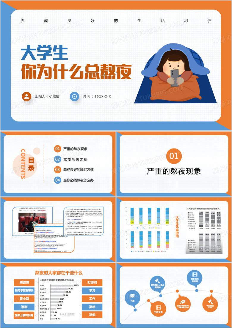 橙色大学生熬夜ppt模板