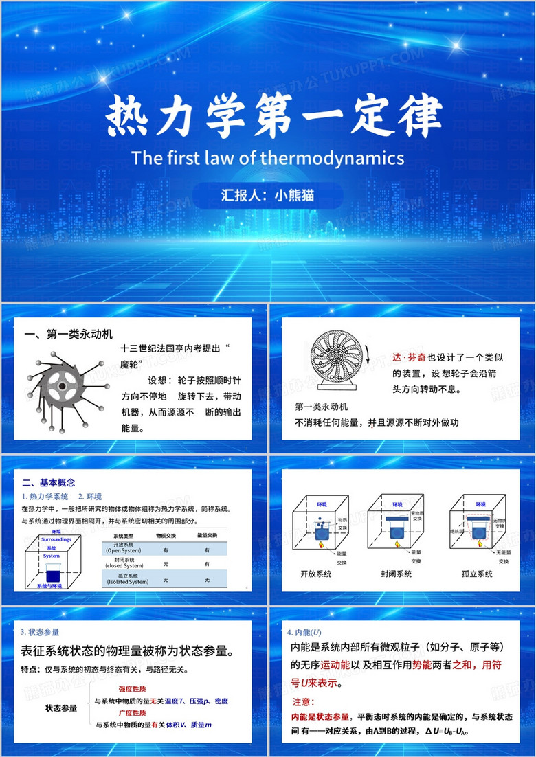 蓝色简约风热力学第一定律PPT模板