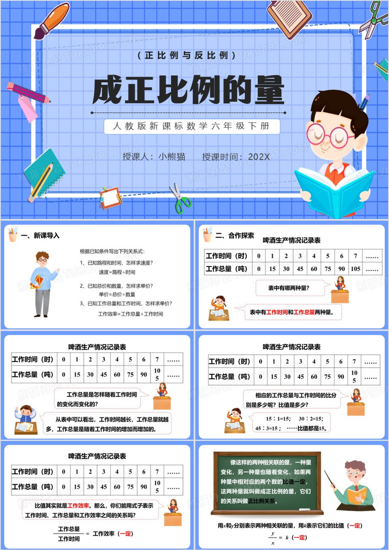 人教版数学六年级成正比例的量PPT模板