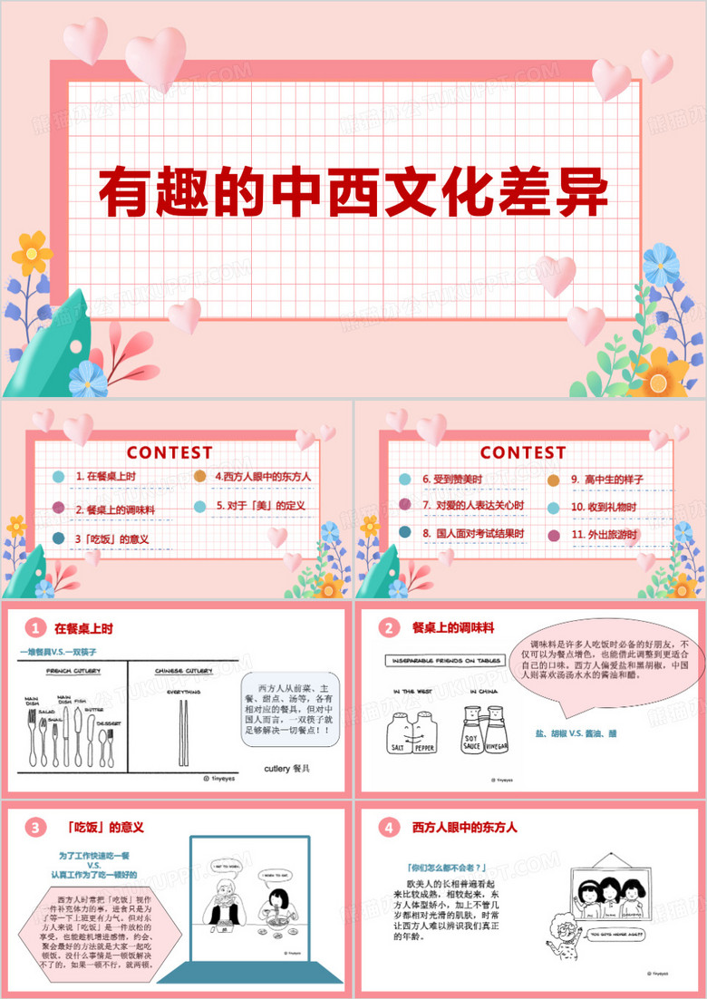 粉色有趣的中西文化差异教育PPT模板