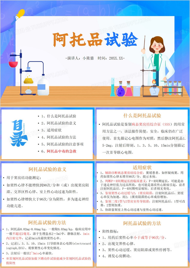 蓝色卡通风阿托品试验PPT模板