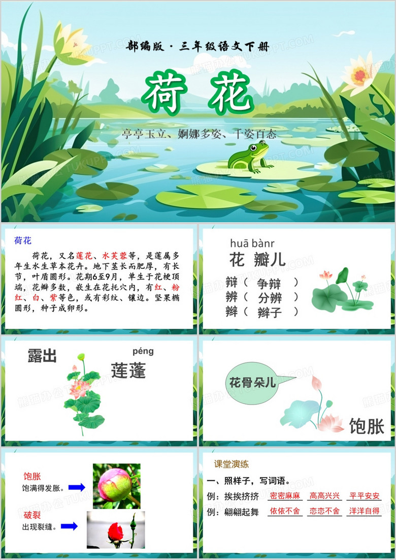 绿色清新风三年级语文荷花教育课件PPT模板