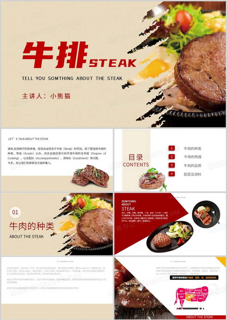 牛排种类熟度品质以及调料配菜PPT模板