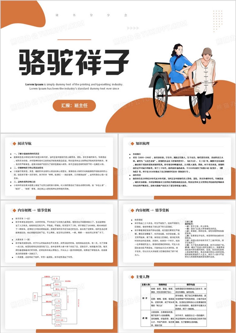 褐色简约骆驼祥子读书分享PPT模板