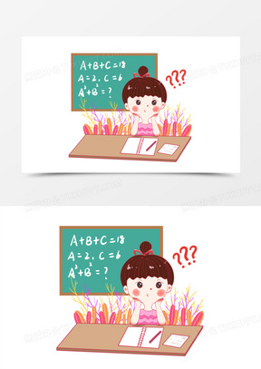 手绘补习班思考数学题的女孩