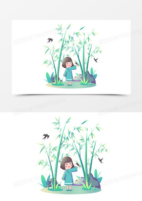 立春竹林人物场景插画元素