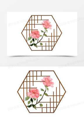 中国风中式窗户玫瑰花水彩风