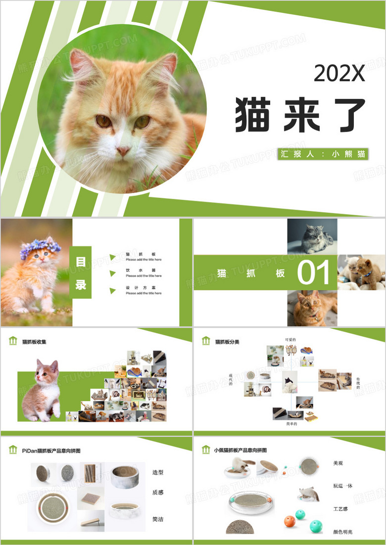 绿色简约宠物产品设计猫来了PPT模板