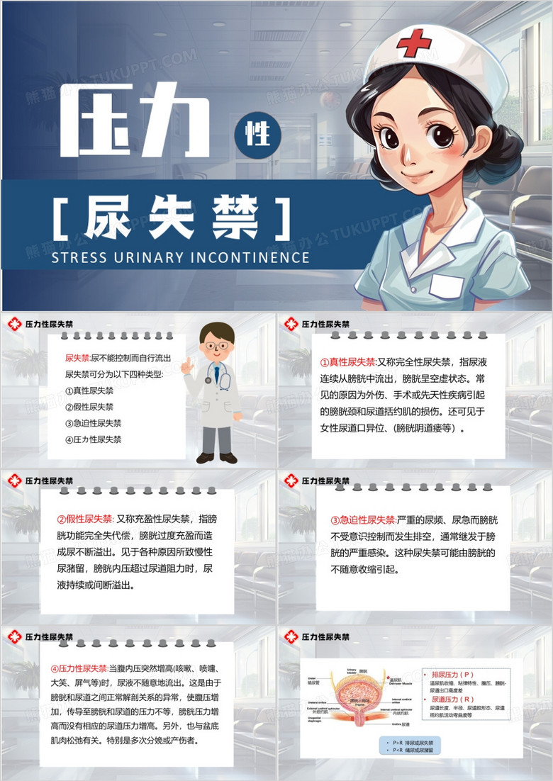 蓝色卡通风压力性尿失禁PPT模板