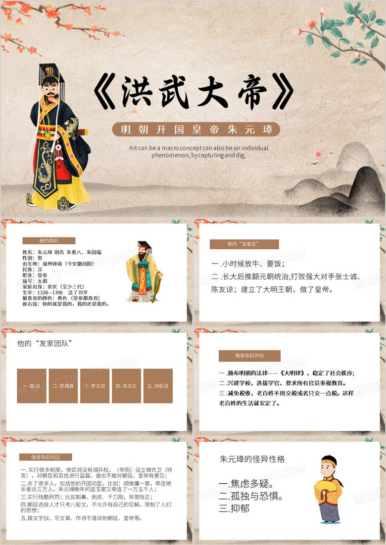 棕色中国风洪武大帝课件PPT模板
