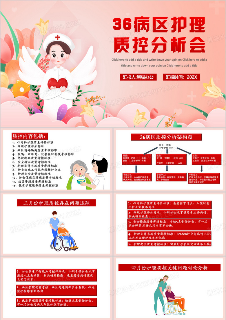红色卡通风36病区护理质控分析会PPT模板