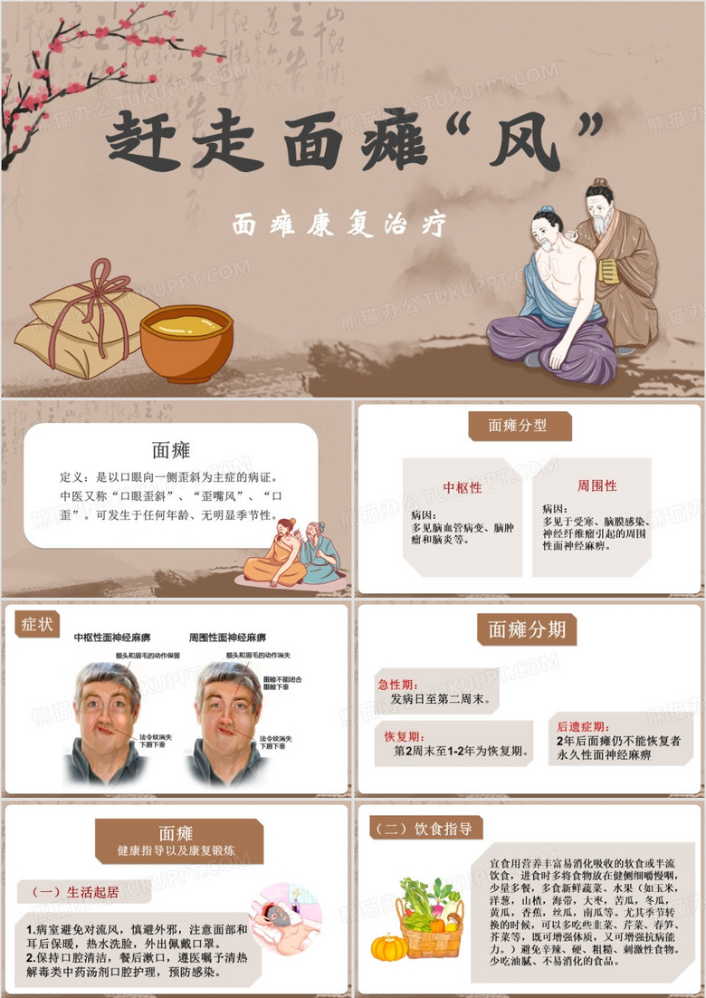 棕色中国风面瘫康复锻炼PPT模板