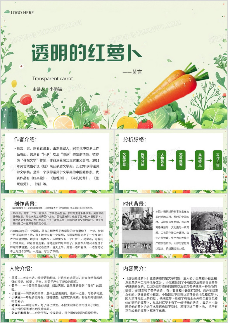 绿色清新风莫言透明的红萝卜PPT模板