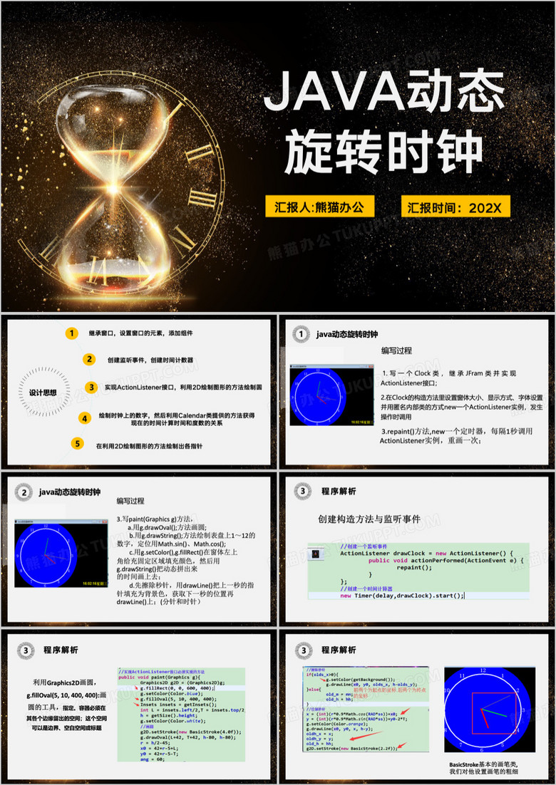 JAVA动态旋转时钟设计思想介绍PPT模板