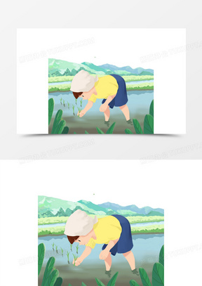 谷雨时节手绘女孩插秧苗