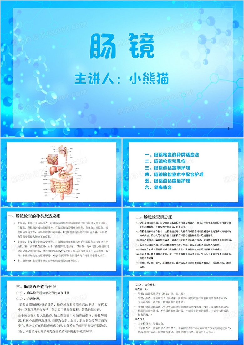蓝色简约风肠镜医学护理PPT模板