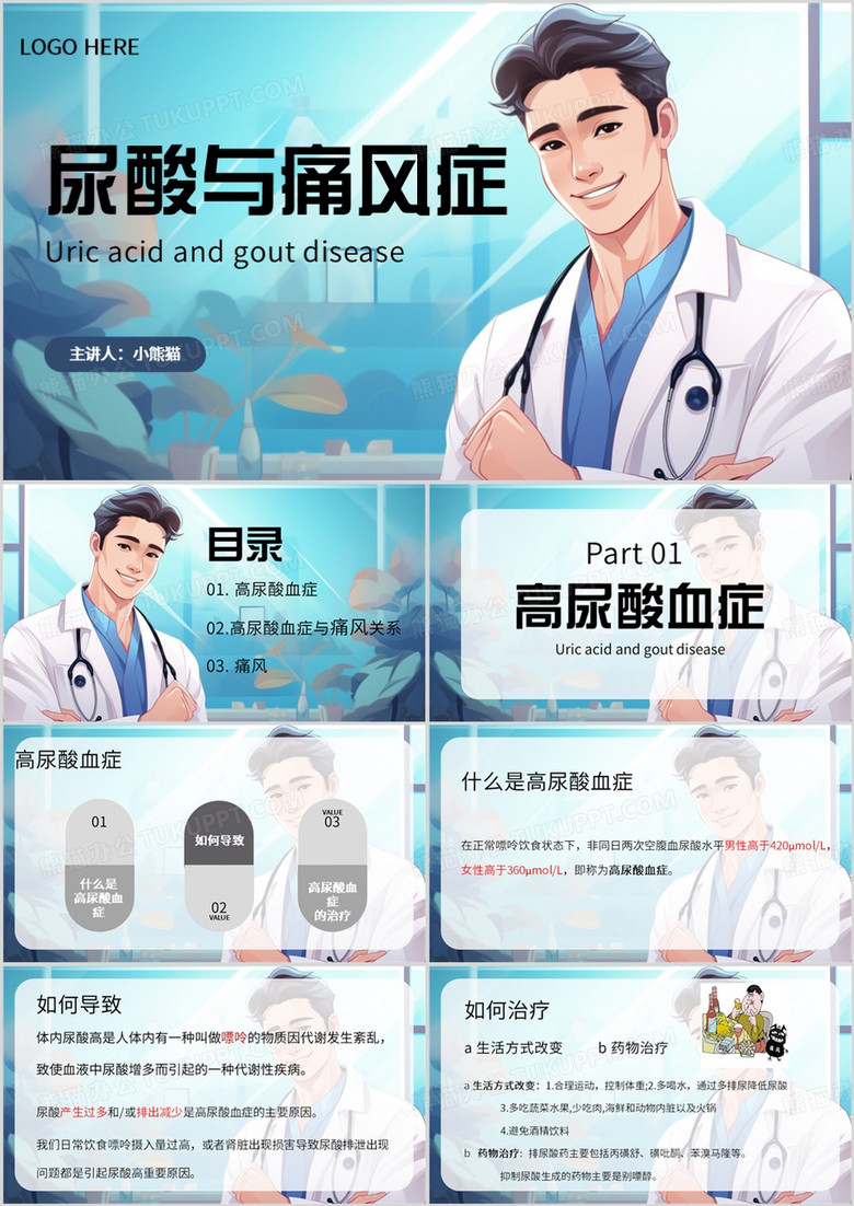 蓝色简约风高尿酸与痛风培训PPT模板